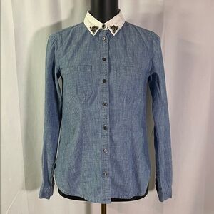 LOFT Blue Chambray Rhinestone Collar Long Sleeve Button Down Shirt